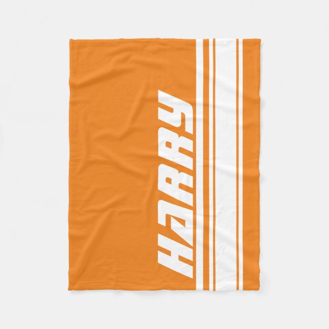 Orange and white sports stripe custom name fleece blanket (Front)