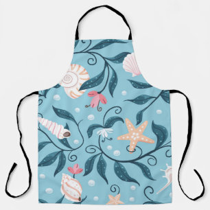 Orange and white starfish, various shaped seashell apron