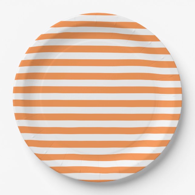 Orange and White Stripe Pattern Paper Plate (Front)