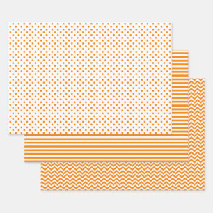 Orange and White Stripes Chevron Polka Dots Wrapping Paper Sheet