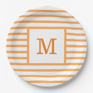 Orange and White Stripes Custom Monogram Paper Plate