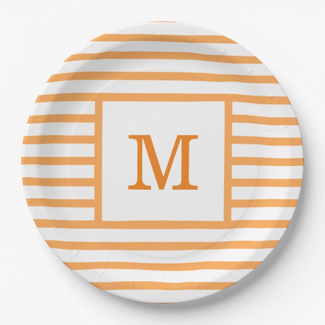 Orange and White Stripes Custom Monogram Paper Plate (Front)
