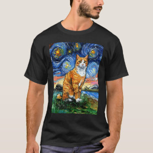 Orange and White Tabby Tiger Cat Starry Night Art  T-Shirt