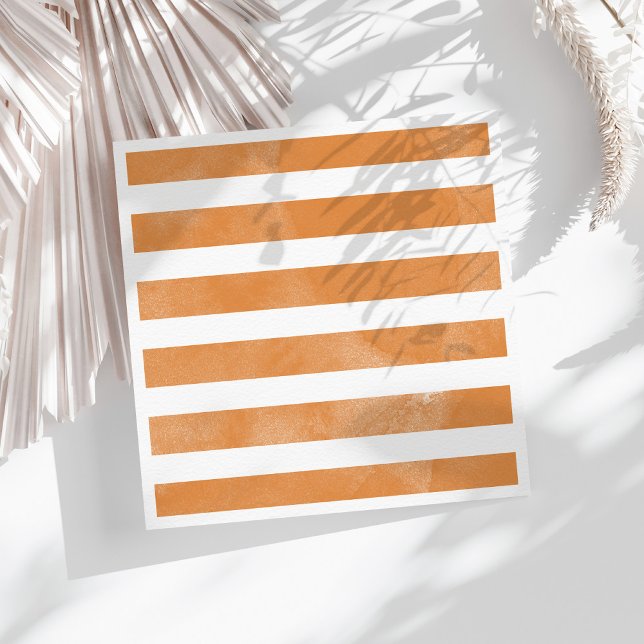 Orange and White Watercolor Striped Party Napkins (Orange and White Watercolor Striped Party Napkins on a sunny white table.)