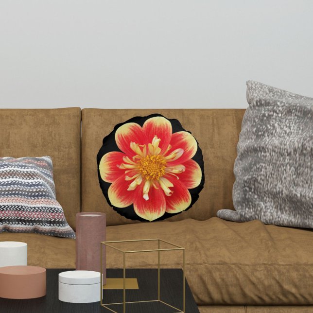 Orange and Yellow Collarette Dahlia Floral Round Cushion (In Situ)