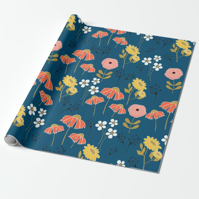 Orange and Yellow Doodle Flowers Wrapping Paper (Unrolled)