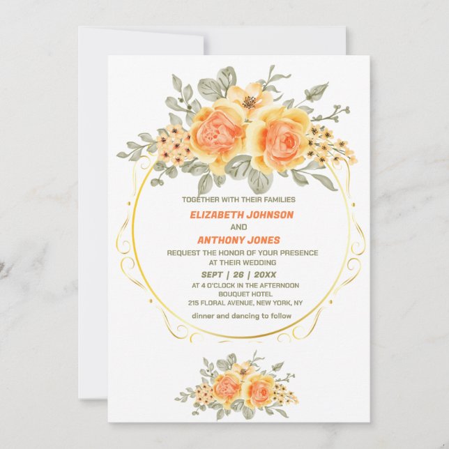orange and yellow floral classy  summer wedding  invitation (Front)