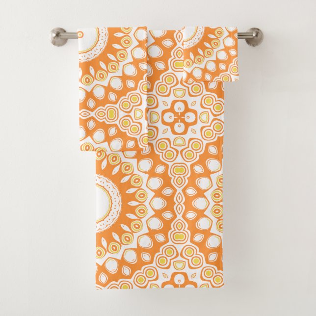 Orange and Yellow Radiant Mandala Pattern Bath Towel Set (Insitu)