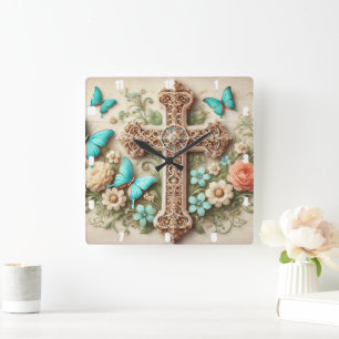 Orange And Yellow Roses Floral Bouquet Fall  Square Wall Clock