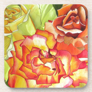 Orange and Yellow roses watercolor art Coaster