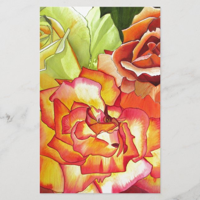 Orange and Yellow roses watercolor art Stationery (Front)