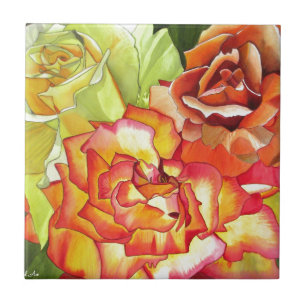 Orange and Yellow roses watercolor art Tile