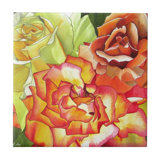 Orange and Yellow roses watercolor art Tile (Front)