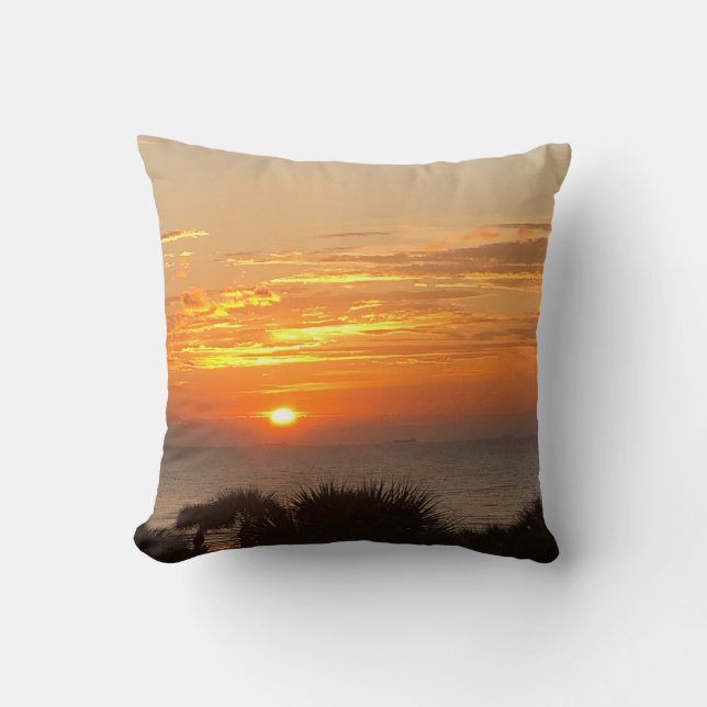Orange and Yellow Tropical Beach Ocean Sunset Cushion (Front)