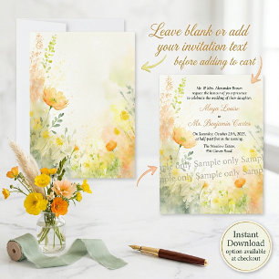 Orange and yellow watercolor floral blank wedding invitation