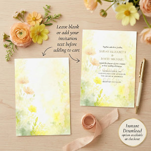 Orange and yellow watercolor floral blank wedding invitation