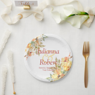 Orange and yellow watercolor floral wedding paper paper plate