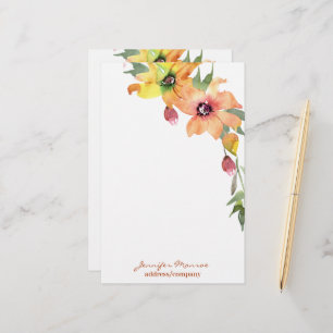 Orange and yellow watercolor flowers personalised stationery