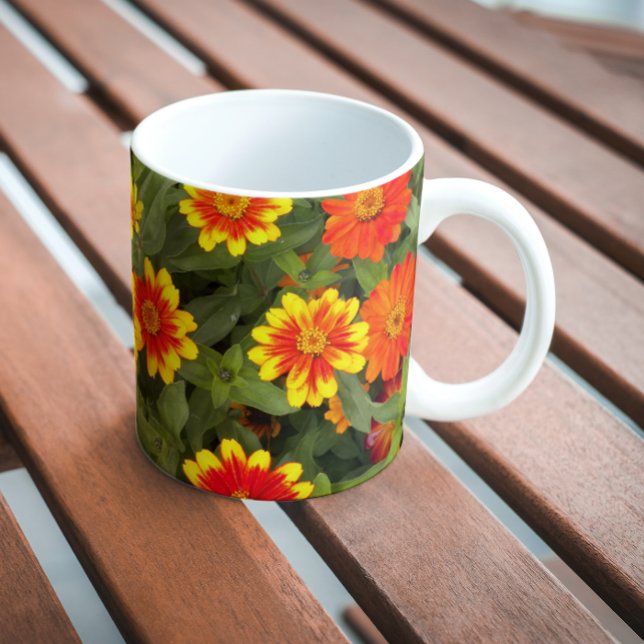 Orange and Yellow Zinnias Floral Mug (In Situ Bench)