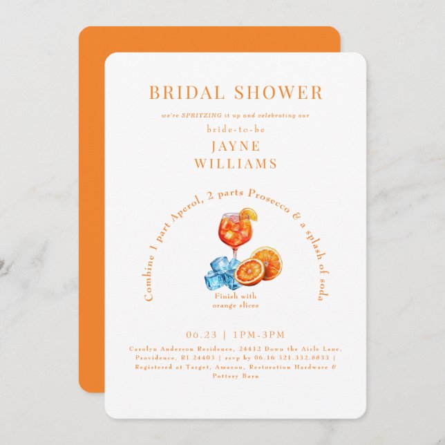 Orange Aperol Spritz Bridal Shower II Invitation (Front/Back)
