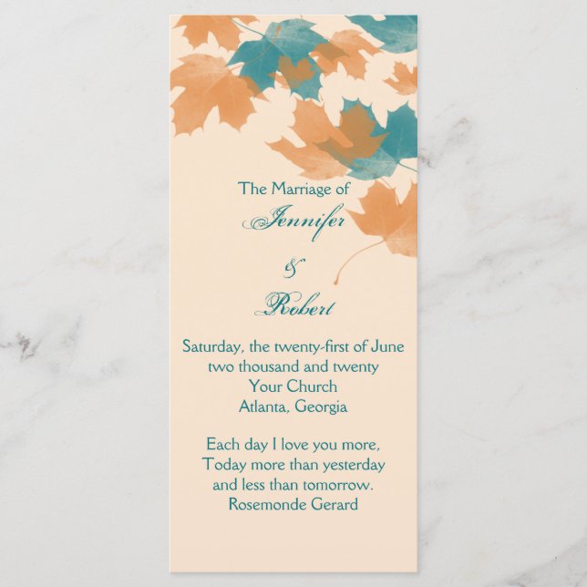 Orange Aqua Autumn Maple Leaf Wedding Program Programme (Front)