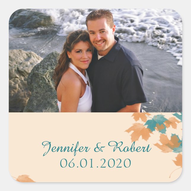 Orange Aqua Maple Leaf Wedding Favour Sticker (Front)