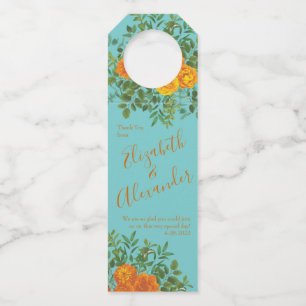 Orange & Aqua Wedding Modern Floral Bottle Tag