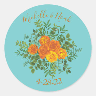 Orange & Aqua Wedding Modern Floral Classic Round Sticker