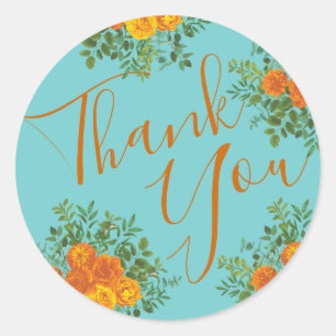 Orange & Aqua Wedding Modern Floral Classic Round Sticker