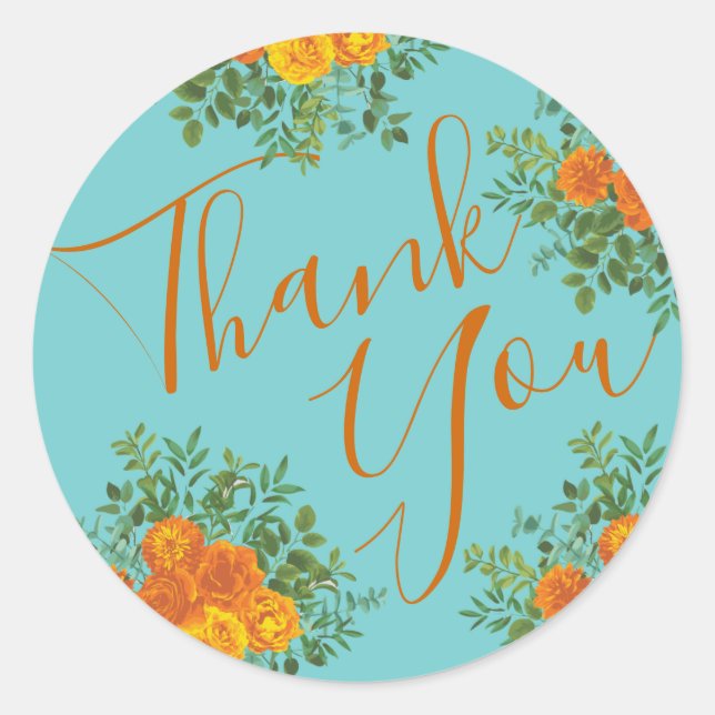 Orange & Aqua Wedding Modern Floral Classic Round Sticker (Front)