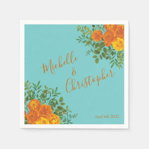 Orange & Aqua Wedding Modern Floral Napkin