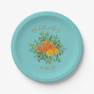 Orange & Aqua Wedding Modern Floral Paper Plate