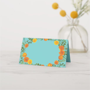 Orange & Aqua Wedding Modern Floral Place Card