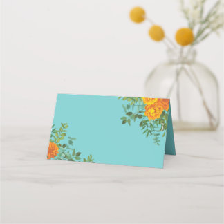 Orange & Aqua Wedding Modern Floral Place Card