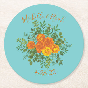 Orange & Aqua Wedding Modern Floral Round Paper Coaster