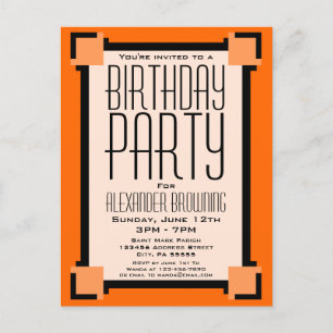 Orange Art Deco Birthday Party Invite Postcard