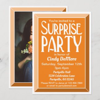 Orange Art Deco Photo Birthday Surprise Party Invitation