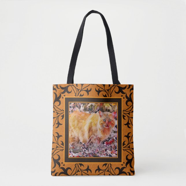 Orange Artsy Cat Vintage Pattern Tote Bag (Front)