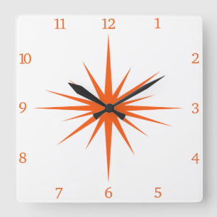Orange Atomic Starburst Numbers Mid Century Square Wall Clock