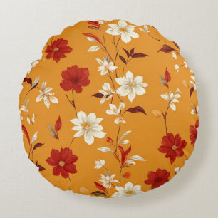 Orange Autumn Boho Vintage Floral Pattern Round Cushion