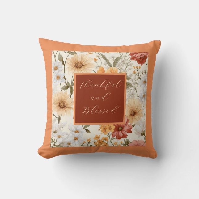 Orange autumn floral thankful cushion (Front)