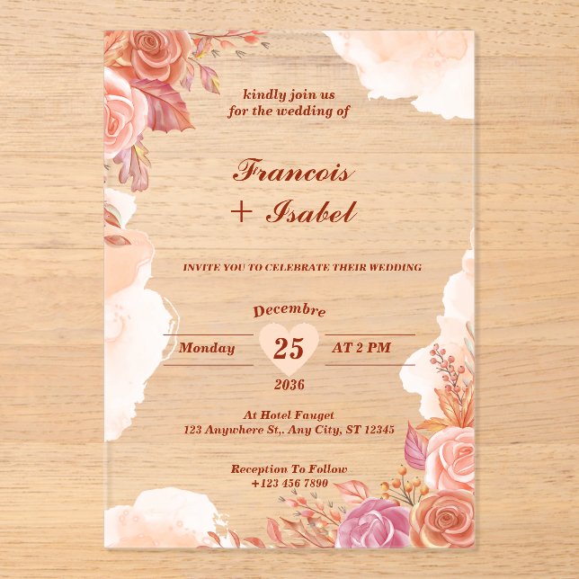 Orange Autumn Flower Acrylic Wedding Invitations (Front)