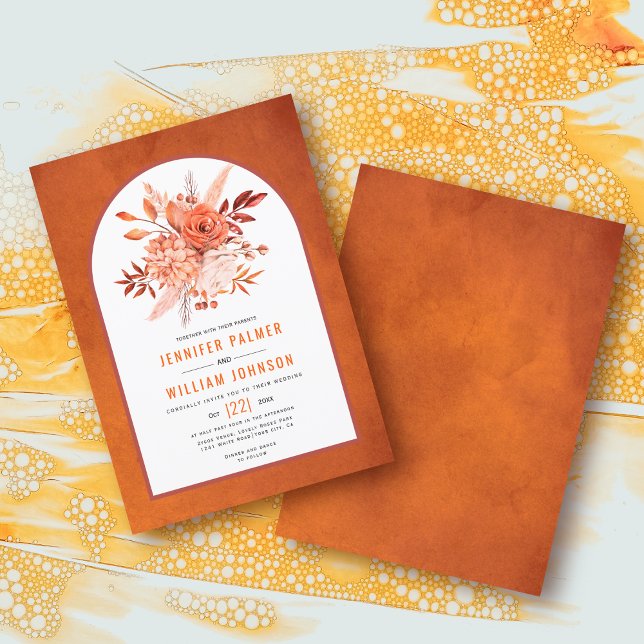 Orange autumn flowers and arch fall wedding invitation (Creator Uploaded)