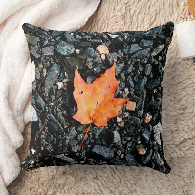 Orange Autumn Leaf on Black Rocks Cushion (Blanket)