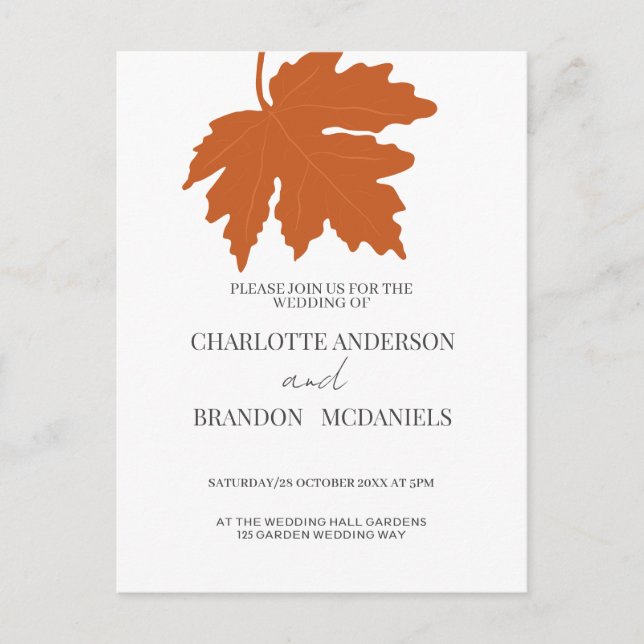 Orange Autumn Maple Leaf Wedding Invitation Postcard (Front)
