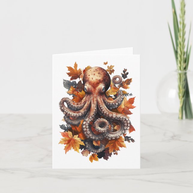 Orange Autumn Octopus Greetings Card (Front)
