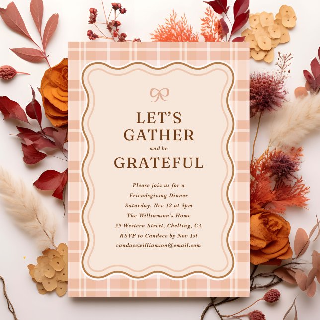 Orange Autumn Plaid Pattern Friendsgiving Dinner Invitation (Autumn plaid pattern Friendsgiving dinner invitation in light orange)