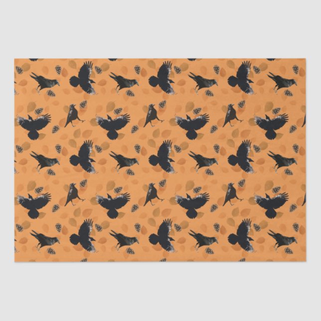 Orange Autumn Woodland Leaf and Crow Bird Pattern Tissue Paper (Front)