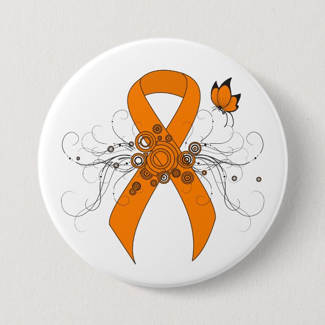 Orange Awareness Ribbon with Butterfly 7.5 Cm Round Badge (Front)