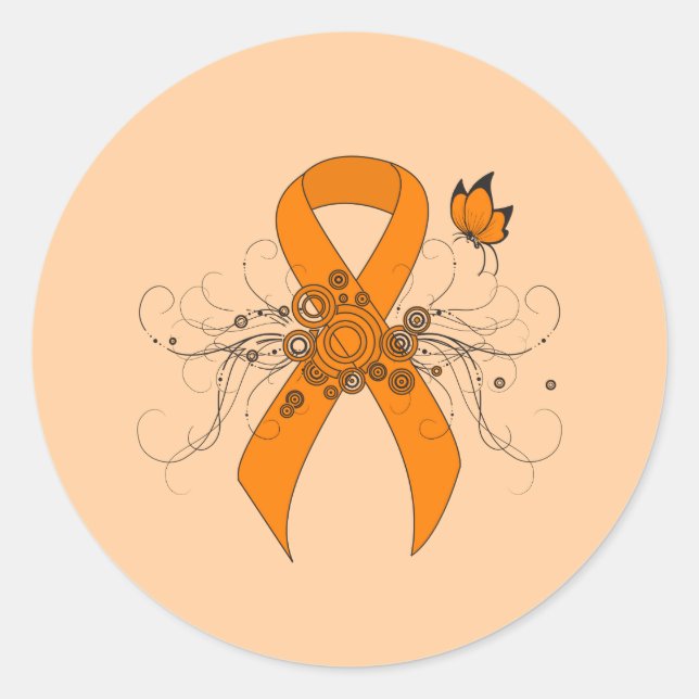 Orange Awareness Ribbon with Butterfly Classic Round Sticker (Front)